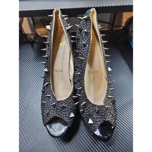 Christian Louboutin Black Leather Lady Peep Toe Spikes Platform Pumps Size 8 US